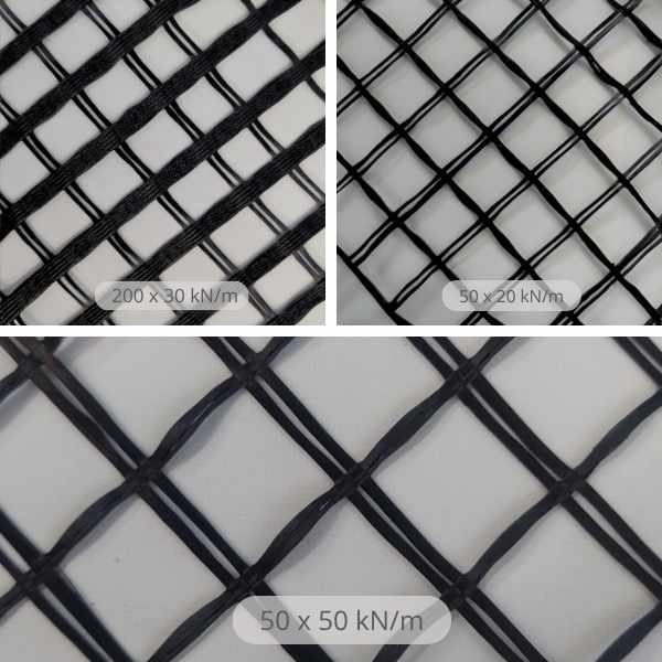 Vista superior de três tipos de geogrelha de fibra de vidro, com diferentes configurações de resistência mecânica: 200 × 30 kN/m, 50 × 20 kN/m e 50 × 50 kN/m, indicadas para reforço de pavimentos.