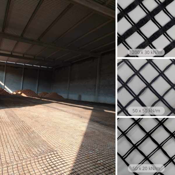 Aplicação de geogrelha de fibra de vidro em piso industrial com estrutura metálica, ao lado de imagens detalhadas das malhas nos modelos 200 × 30 kN/m, 50 × 50 kN/m e 50 × 20 kN/m.
