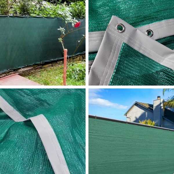 mosaico com quatro imagens que destacam o acabamento da tela de privacidade verde