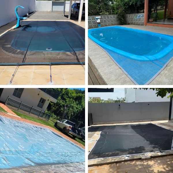 Piscina residencial coberta com tela de proteção, sistema de segurança removível que evita quedas e acidentes com crianças e pets.