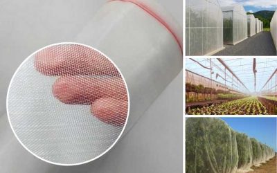 Rolo de tela antiafídeo em polietileno de alta densidade, com detalhe do tecido fino e imagens ilustrando sua aplicação em estufas, viveiros e cultivo de árvores frutíferas, destacando o uso agrícola para proteção contra insetos e intempéries.