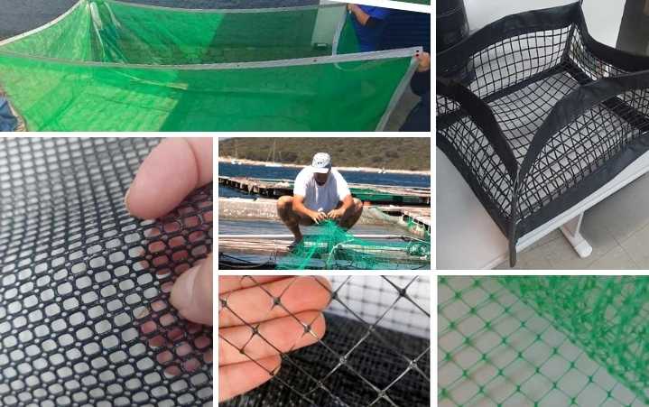 arte com vários tipos de tela para criação de tilápia: tela de poliéster com PVC, tela para hapas, tela para tanque-rede, classificador de peixes, tela antipredadores
