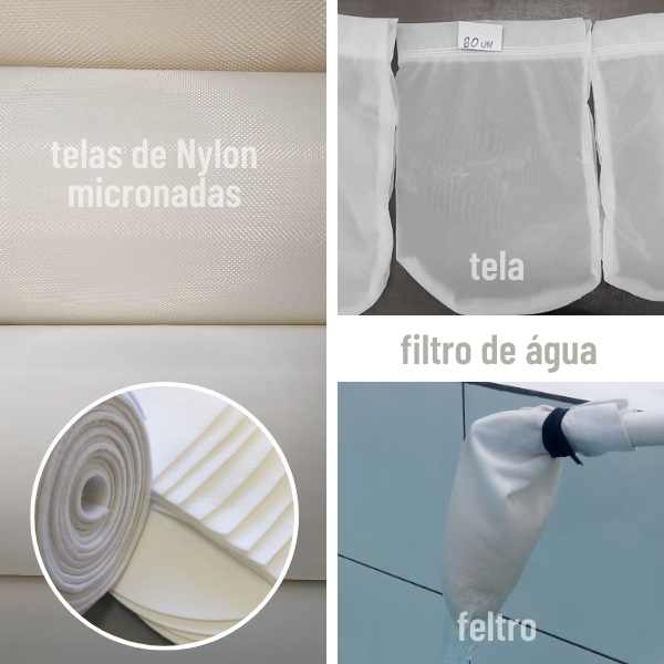 Montagem mostrando telas de nylon micronadas e feltro branco utilizados na confecção de bags para filtragem de água em tanques de piscicultura e larvicultura, com detalhes das bolsas filtrantes e aplicação em filtro de água