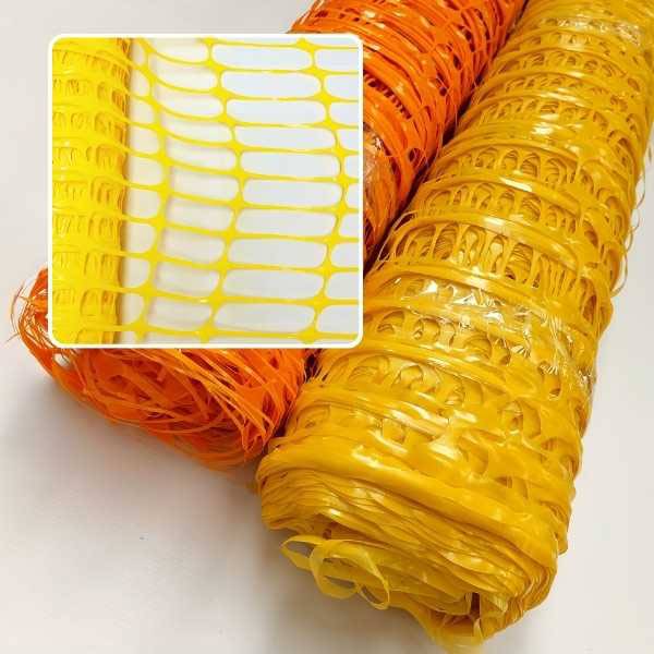 imagem do rolo de tela tapume amarelo e do rolo de tela tapume laranja e foto sobreposta exibindo detalhe da tela tapume amarela