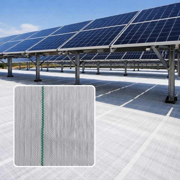 Ráfia de solo branca aplicada sob placas solares em usina fotovoltaica para controle de vegetação e proteção do solo
